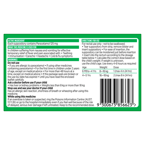 PANADOL - Children Suppositories 6 Months to 5 Years 125mg 10 Pack - Panadol - 2 - Health - ThePharmacy