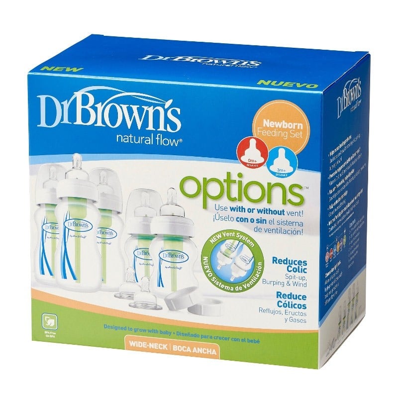 Dr Brown's OPTIONS Natural Flow Wide Neck Newborn Set (2 x 120mL + 3 x 240mL + 2 extra teats+ caps) - Dr Brown's - 1 - Baby & Kids - ThePharmacy