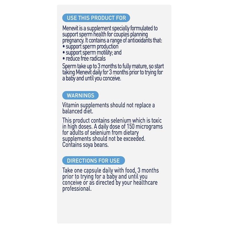 Menevit Pre - Conception Sperm Health - 30 Capsules - Menevit - 3 - Vitamins - ThePharmacy