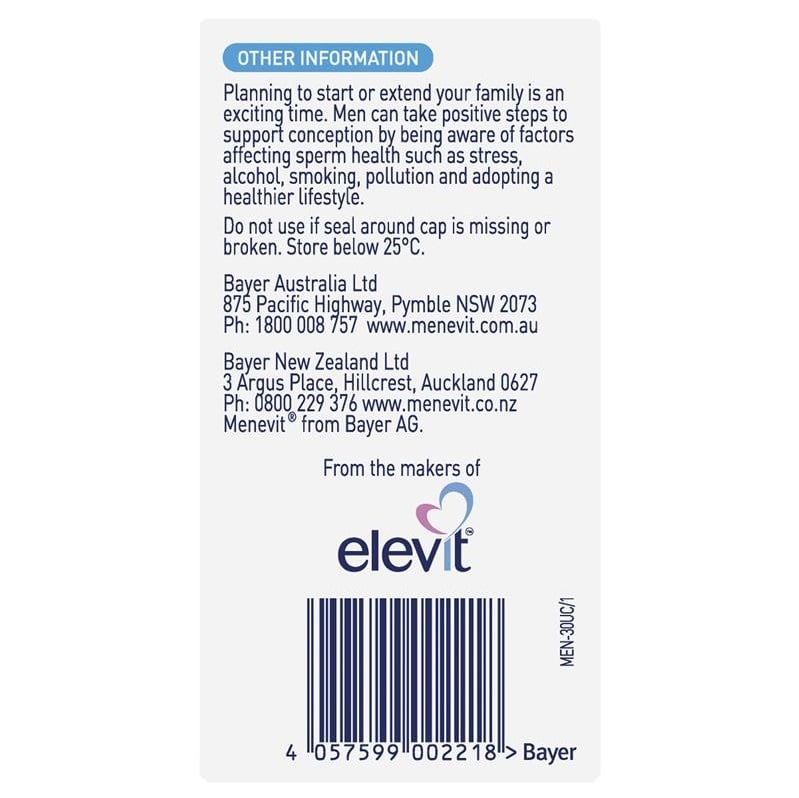 Menevit Pre - Conception Sperm Health - 30 Capsules - Menevit - 4 - Vitamins - ThePharmacy