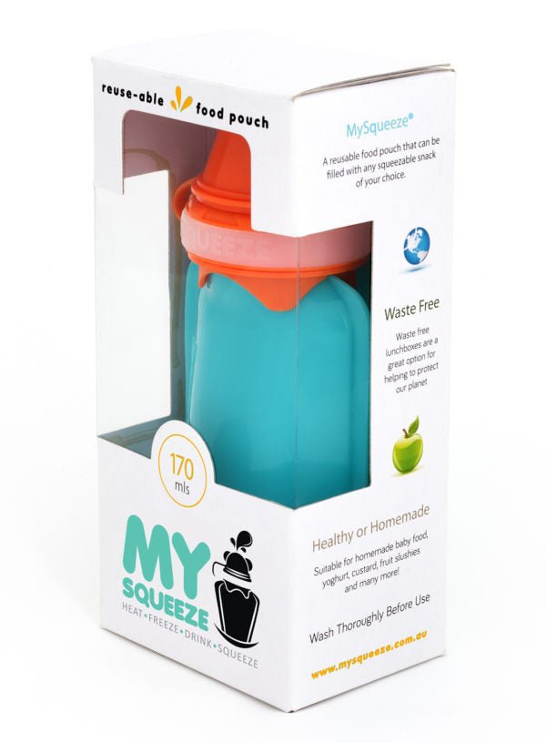 My Squeeze 170mL Reusable Food Pouch - Orange Lid Aqua Body - My Squeeze - 6 - Baby & Kids - ThePharmacy