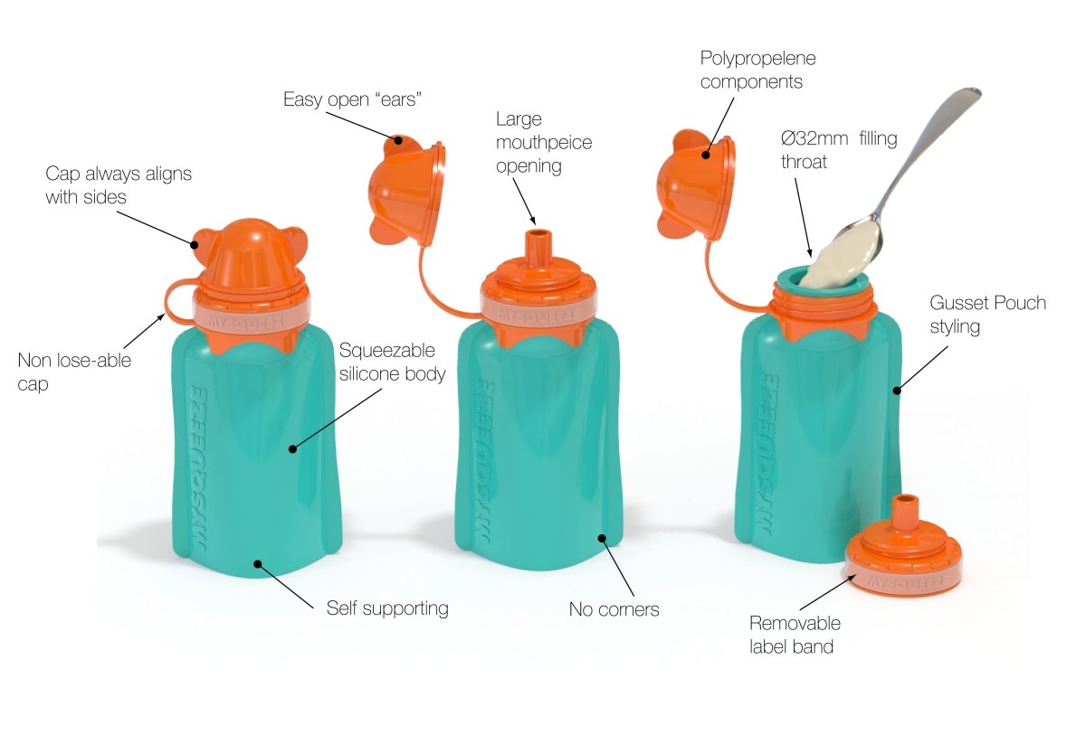 My Squeeze 170mL Reusable Food Pouch - Orange Lid Aqua Body - My Squeeze - 2 - Baby & Kids - ThePharmacy
