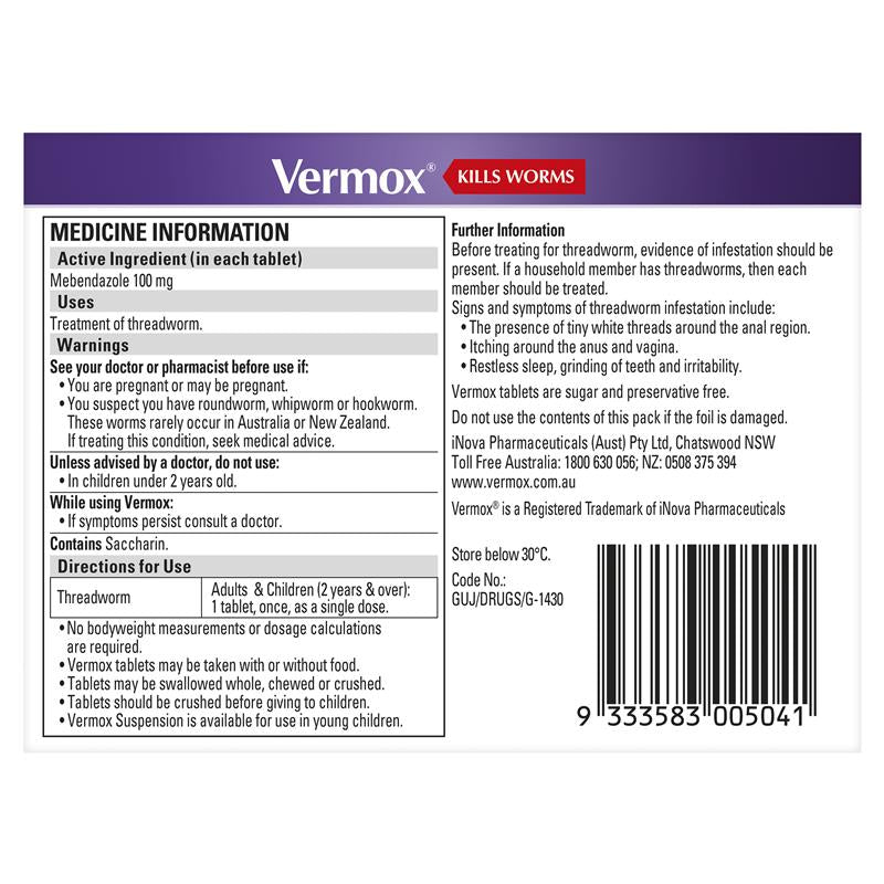 Vermox Worm Treatment 100 mg 2 Tablets - Vermox - 2 - Health - ThePharmacy