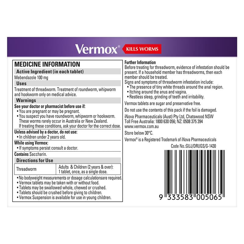 Vermox Worm Treatment 100 mg 4 Tablets - Vermox - 2 - Health - ThePharmacy