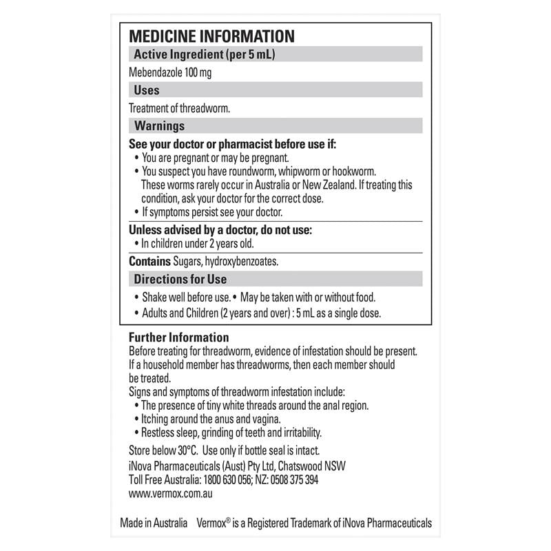 Vermox Worm Treatment Suspension 2% 15 ml Bottle - Vermox - 2 - Health - ThePharmacy